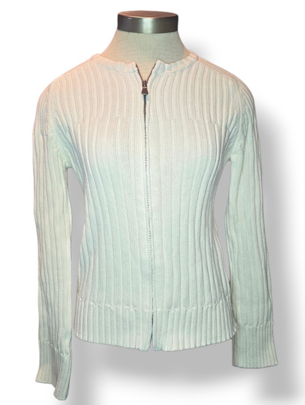 Calvin Klein Vintage Cream Ribbed Zip-Up Sweater Jacket Size Medium